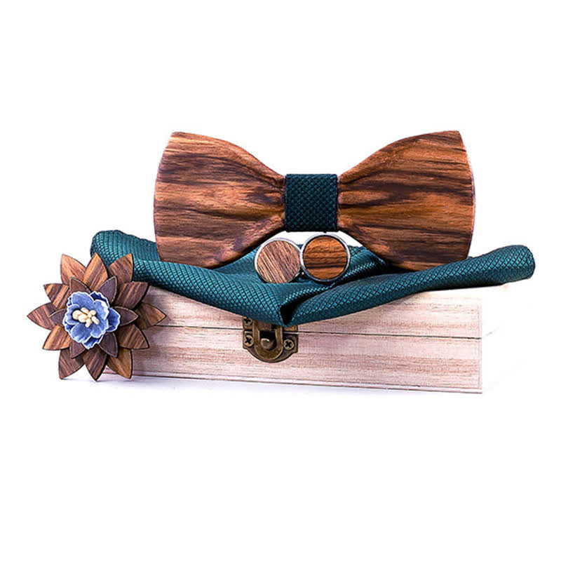 4Pcs Men's Formal Concave Wooden Bow Tie Set - Green - image 9