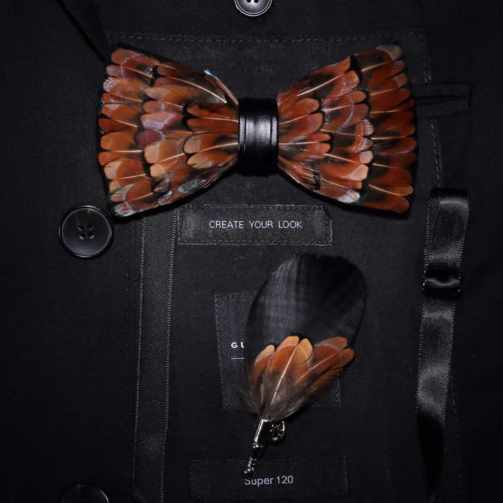 Kid's Brown & Black Trim Feather Bow Tie with Lapel Pin - Adult - image 2