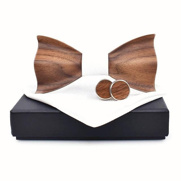 3Pcs Men's Small Checkered Wooden Bow Tie Set - White - image 7