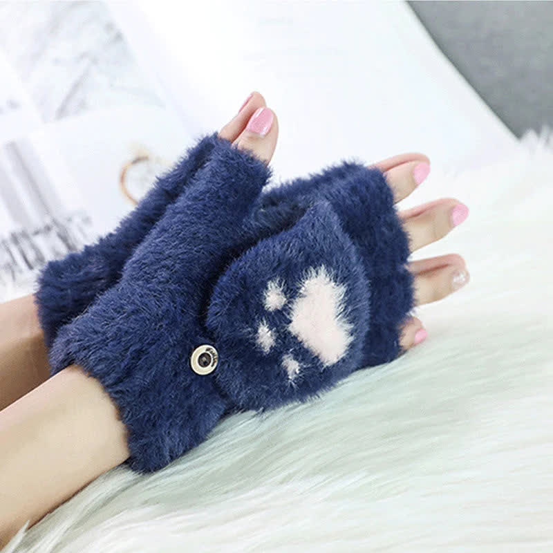 Women's Warm Cat Paw Print Mittens Fluffy Gloves - image 5