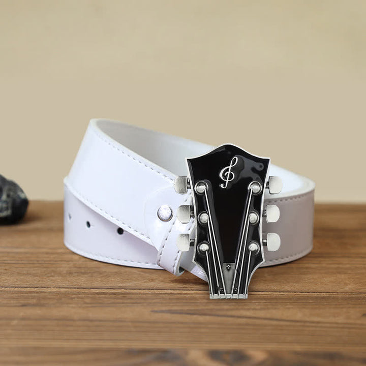 Men's DIY Musical Guitar Headstock Buckle Leather Belt - Black - White PU Belt (40) - image 13