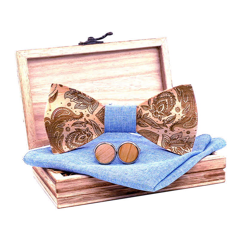 3Pcs Men's Carving Paisley Wooden Bow Tie Set - Light Blue - image 0