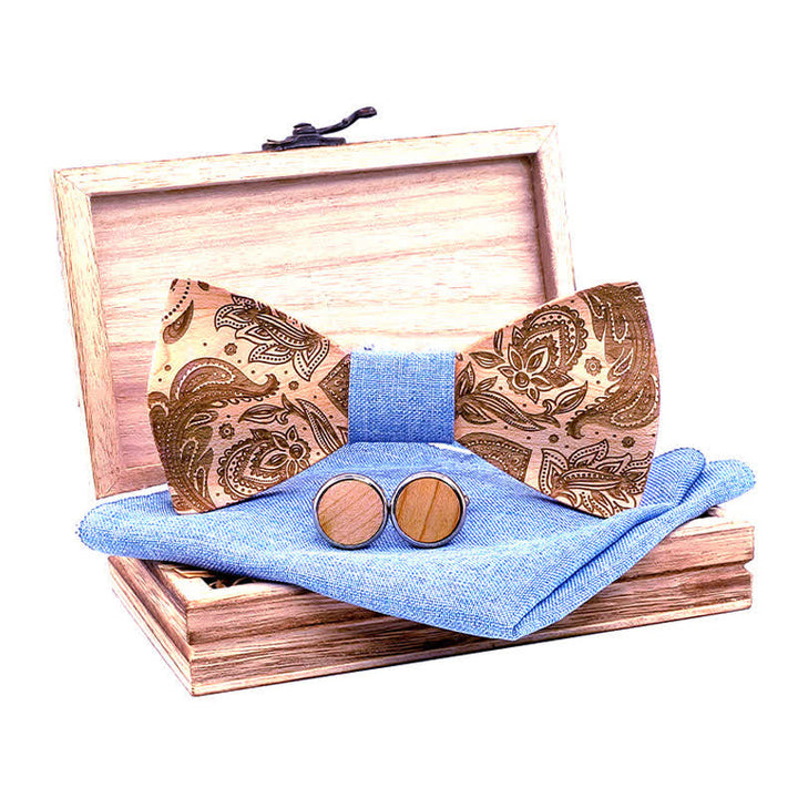 3Pcs Men's Carving Paisley Wooden Bow Tie Set - Light Blue - image 0
