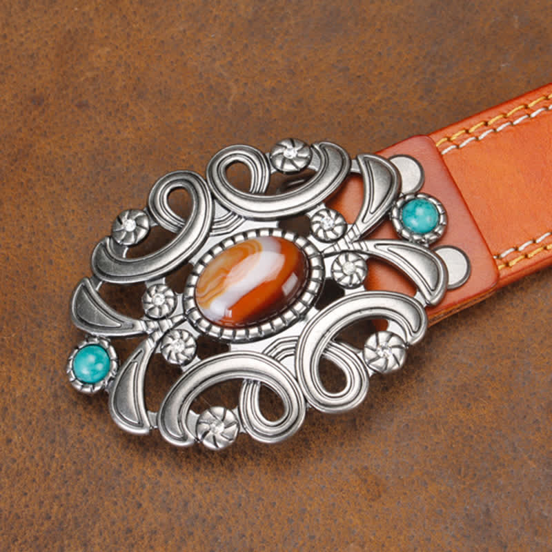 Unisex Agate Stone Turquoise Hollow Flower Leather Belt - image 10
