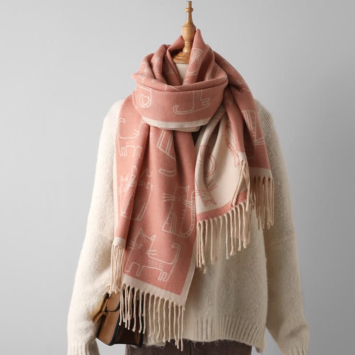Women's Cat Print Double-Sided Shawl Scarf - Pink - image 8
