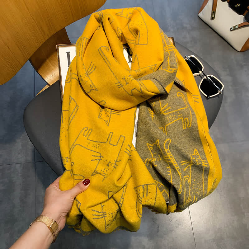 Women's Cat Print Double-Sided Shawl Scarf - Yellow - image 19