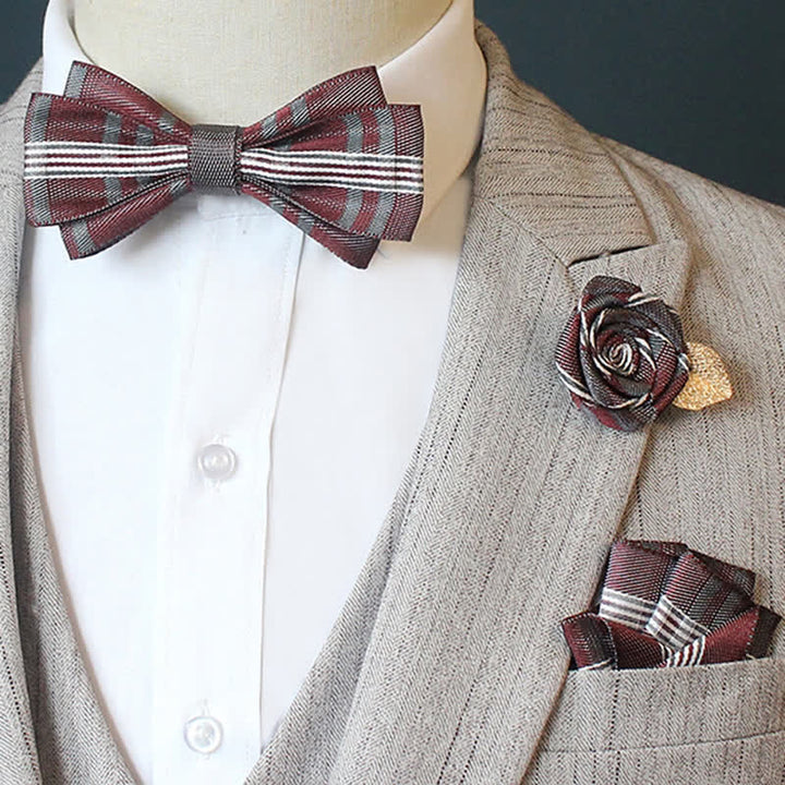 3Pcs Men's Horizon Striped Plaid Bow Tie Set - Plain - Red - image 4