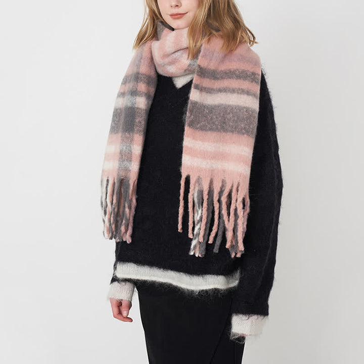 Women's Large Colorful Plaid Thickening Scarf - Pink - image 9