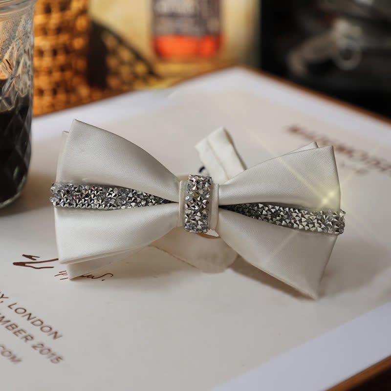 Men's Shining Rhinestone Satin Bow Tie Pocket Square Set - Ivory - Bow Tie - image 15