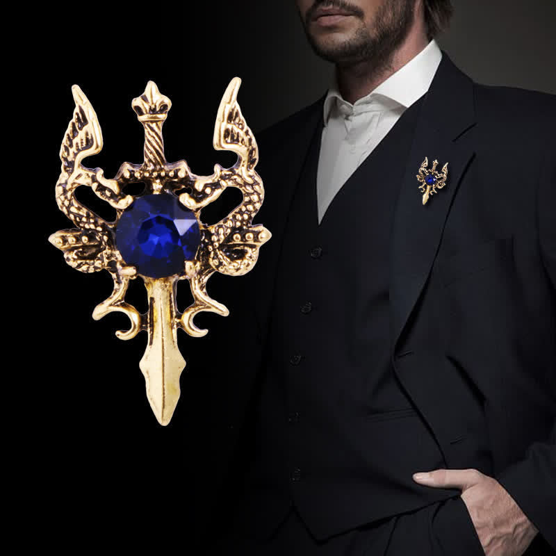 Men's Retro Gem Dragon Sword Brooch - image 0