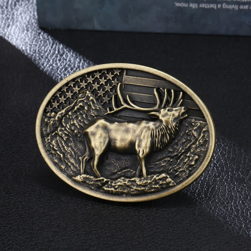 Men's DIY Elk Deer American Flag Buckle Leather Belt - Antique Bronze - Without Belt - image 3
