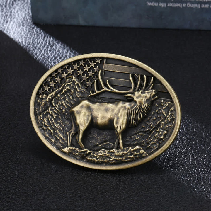 Men's DIY Elk Deer American Flag Buckle Leather Belt - Antique Bronze - Without Belt - image 3