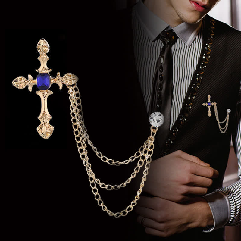 Men's Classic Cross Crystal Chain Brooch - Gold & Blue - image 0