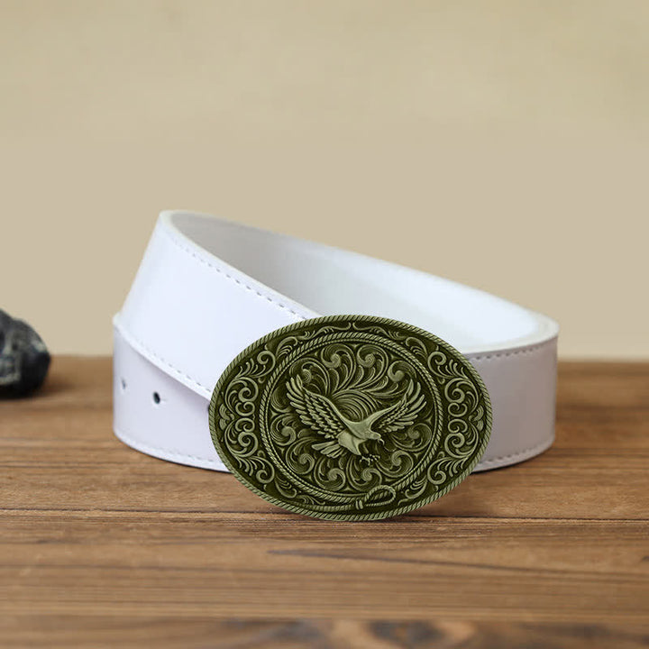Men's DIY Soaring Eagle Engraved Floral Buckle Leather Belt - Antique Bronze - White PU Belt (40) - image 8