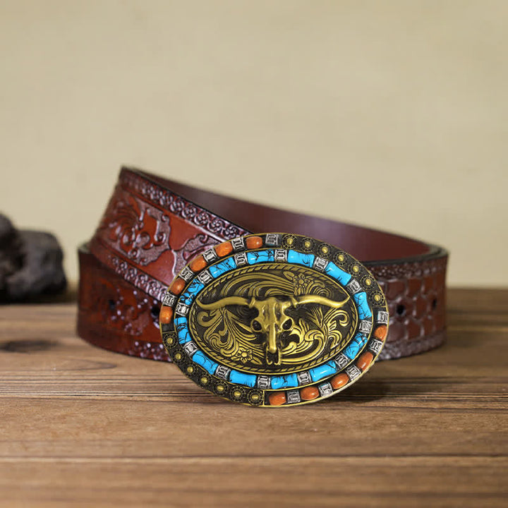 Men's DIY Turquoise Wood Bead Bull Buckle Leather Belt - Gold - Brown Carved Belt (115 cm/46 inch) - image 16
