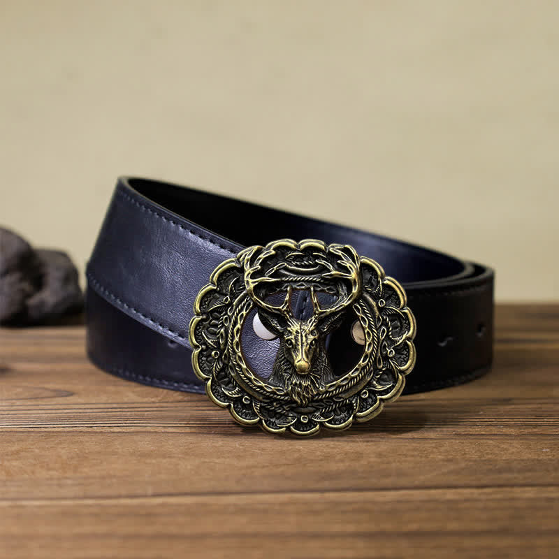 Men's DIY Hollow 3D Elk Antler Buckle Leather Belt - Antique Bronze - Black PU Belt (40) - image 5