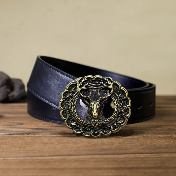 Men's DIY Hollow 3D Elk Antler Buckle Leather Belt - Antique Bronze - Black PU Belt (40) - image 5
