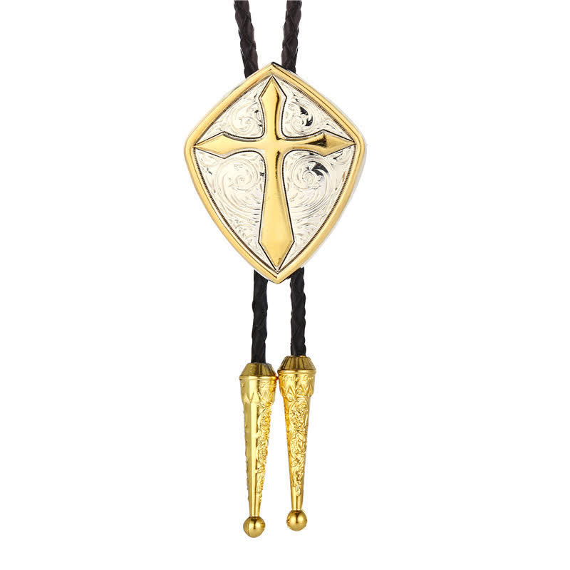 Antiqued Etching Cross Roman Shield Bolo Tie - Gold - image 6