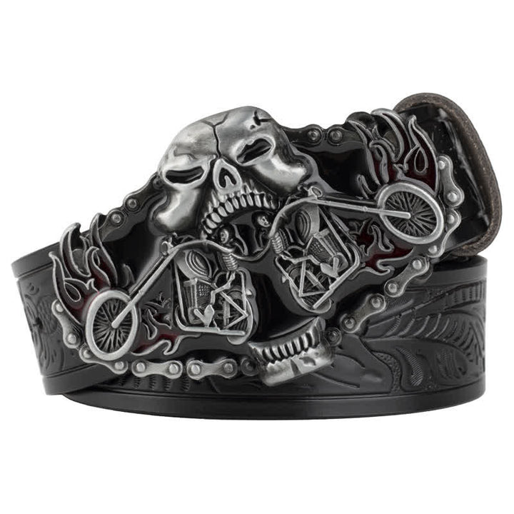 Men's Gothic Motorcycle Ghost Head Leather Belt - Black / Silver - 46 - image 1