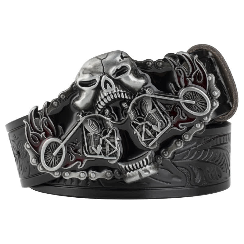 Men's Gothic Motorcycle Ghost Head Leather Belt - Black / Silver - 46 - image 1
