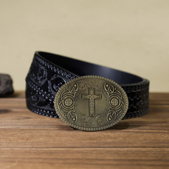 Men's DIY Carved Cross Flower Buckle Leather Belt - Cross - Black Carved Belt (40) - image 8