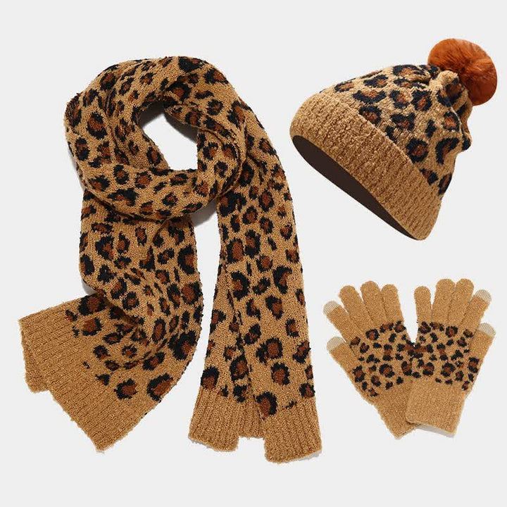 3Pcs Women's Leopard Print Hat Scarf Gloves Set - Brown - Adjustable (22"-22 7/8") - image 11