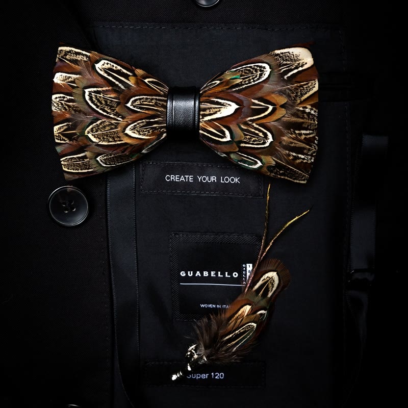 Kid's Brown Pheasant Feather Bow Tie with Lapel Pin - Adult - image 3