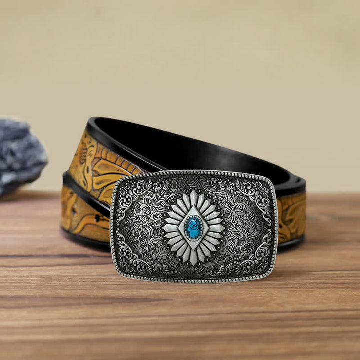 Men's DIY Square Turquoise Western Buckle Leather Belt - Antique Silver - SandyBrown Belt (40) - image 23