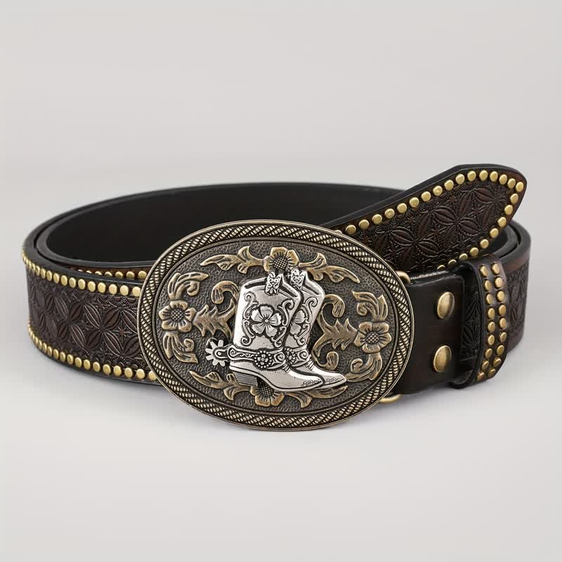 Men's Retro Silver Boots Oval Buckle Leather Belt - image 1