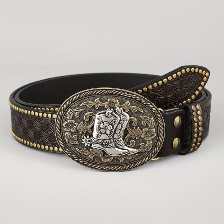 Men's Retro Silver Boots Oval Buckle Leather Belt - image 1