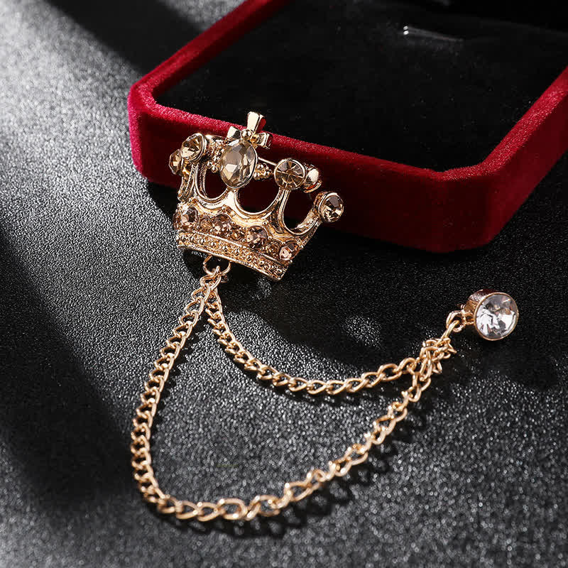 Men's Retro Crown Chain Rhinestones Brooch - Gold & Champagne - image 11