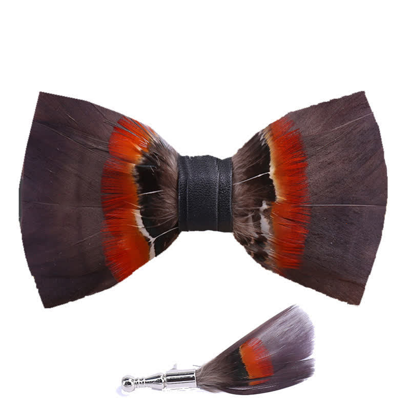 Brown & Orange Feather Bow Tie with Lapel Pin - image 3