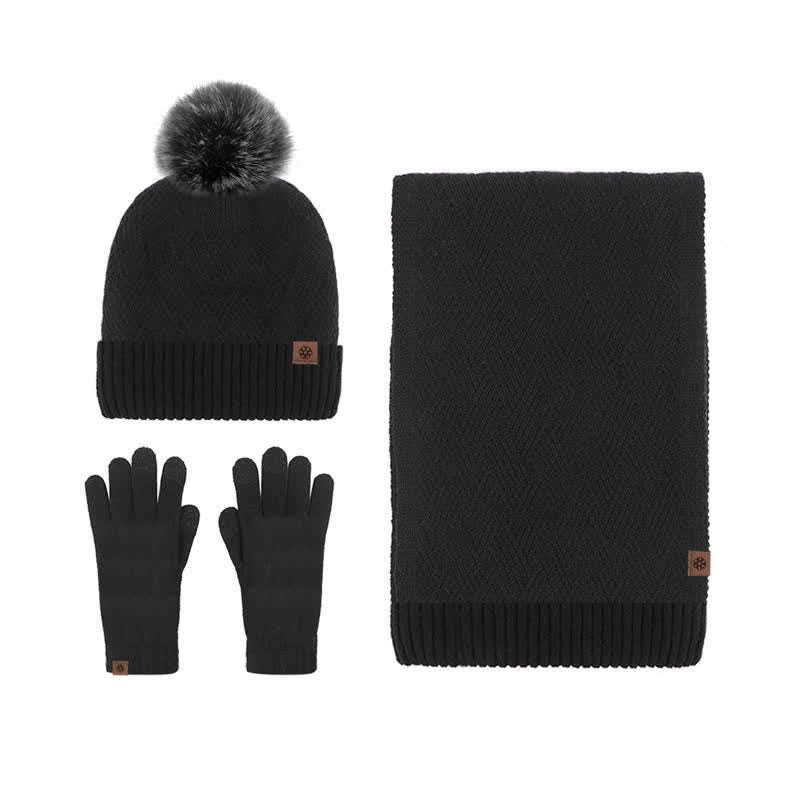 3Pcs Women's Pompom Woven Hat Scarf Touchscreen Gloves Set - Black - Adjustable (Approx. 21 1/4"-23 1/4") - image 9