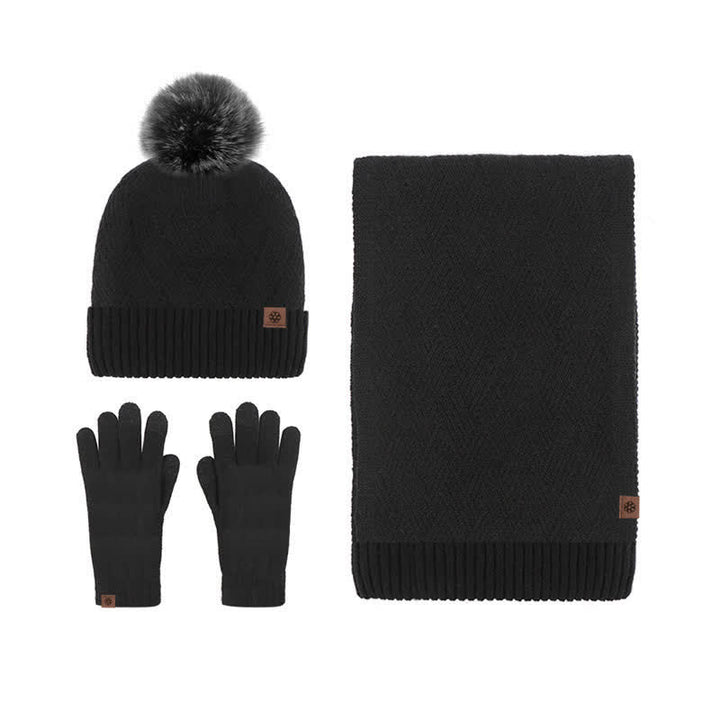3Pcs Women's Pompom Woven Hat Scarf Touchscreen Gloves Set - Black - Adjustable (Approx. 21 1/4"-23 1/4") - image 9