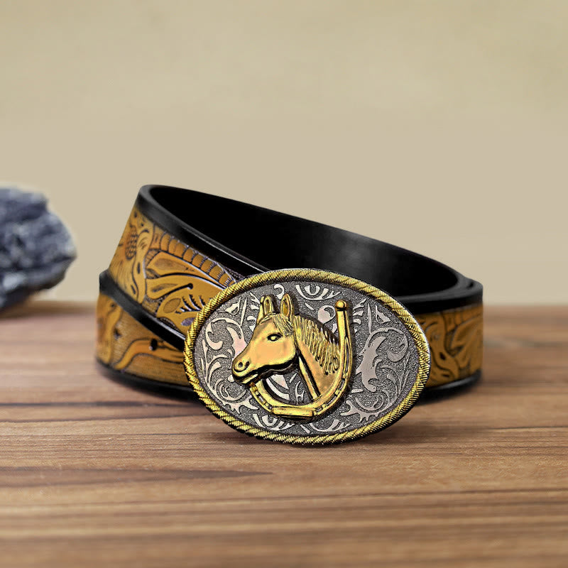 Men's DIY Golden Horseshoe Buckle Leather Belt - Horseshoe - SandyBrown Belt (40) - image 11