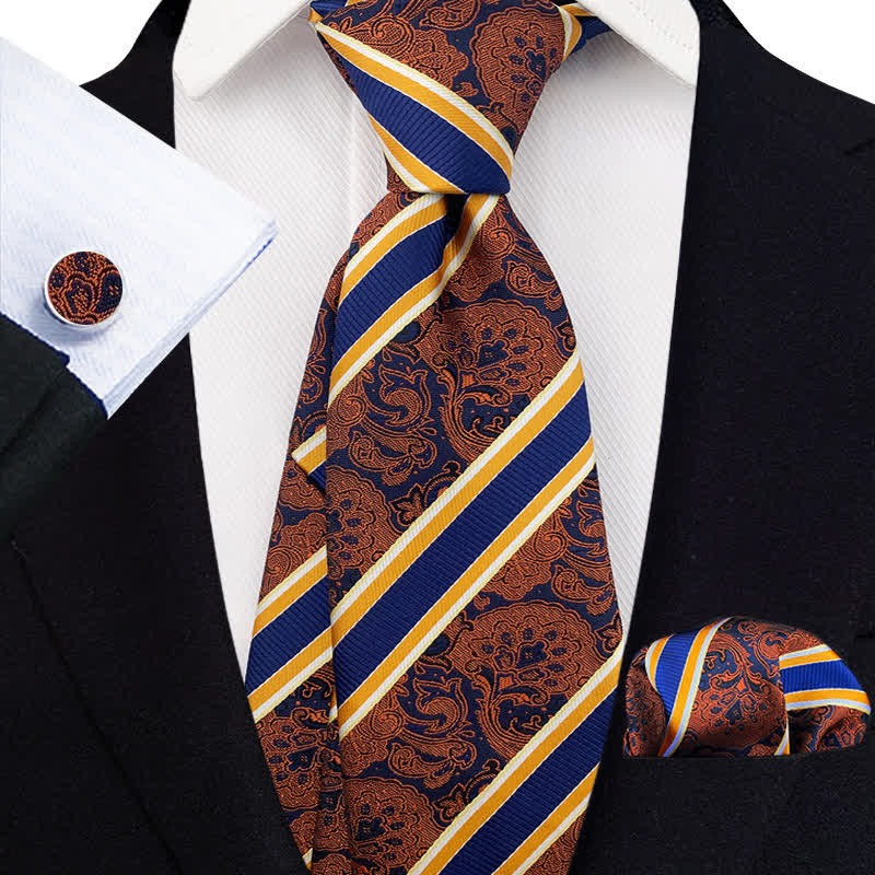 3Pcs Men's DarkOrange & Navy Striped Paisley Necktie Set - DarkOrange & Navy - image 0