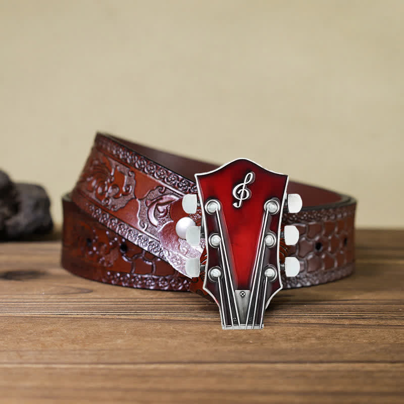 Men's DIY Musical Guitar Headstock Buckle Leather Belt - Red - Brown Carved Belt (40) - image 24