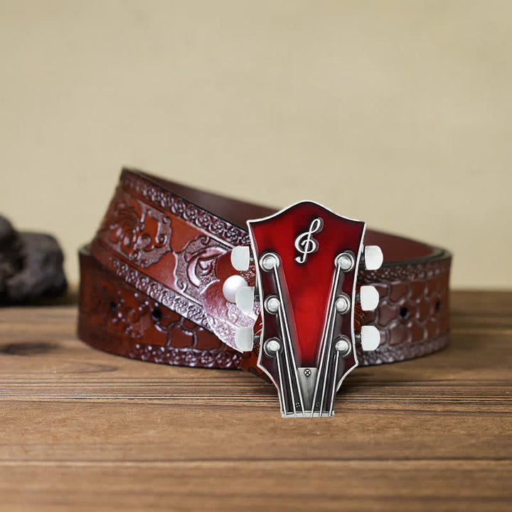 Men's DIY Musical Guitar Headstock Buckle Leather Belt - Red - Brown Carved Belt (40) - image 24