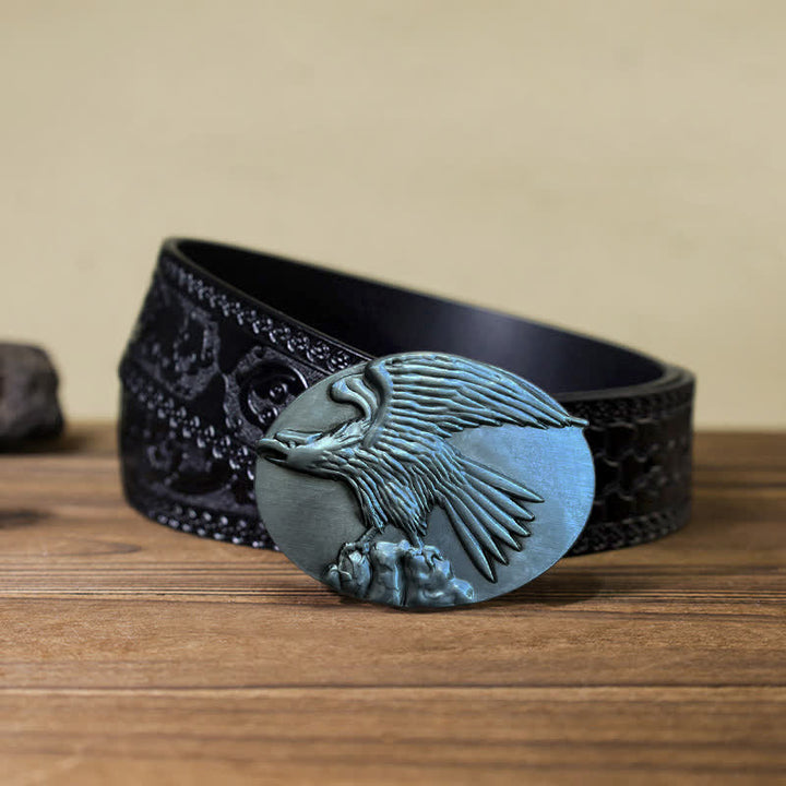 Men's DIY Eagle On Stone Buckle Leather Belt - Silver - Black Carved Belt (40) - image 14