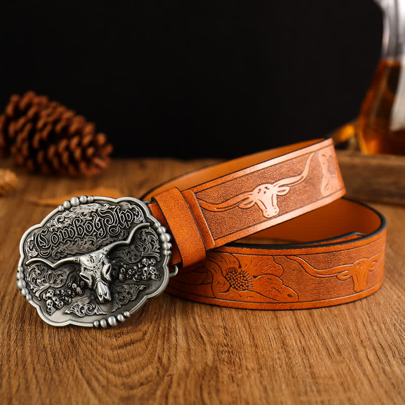 Men's Cowboy Gothic Skull Bull Leather Belt - Style #2 - 42 - image 2