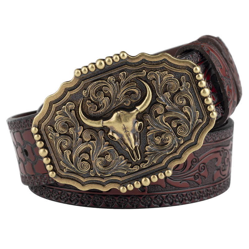 Men's Classic Floral Bull Skull Leather Belt - Brown - 46 - image 10