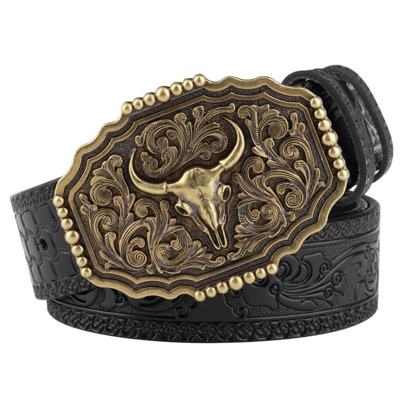 Men's Classic Floral Bull Skull Leather Belt - Black - 46 - image 6