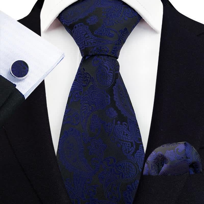 3Pcs Men's Exotic Paisley Necktie Set - MidnightBlue - image 10