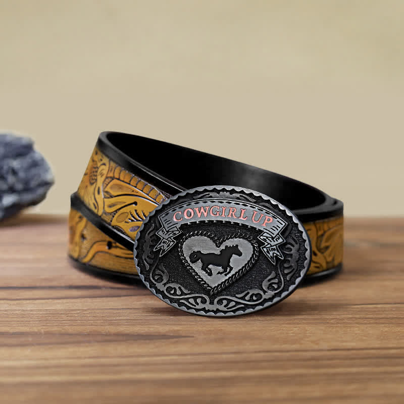 Women's DIY Silver Cowgirl Up Buckle Leather Belt - Cowgirl Up - SandyBrown Belt (40) - image 13