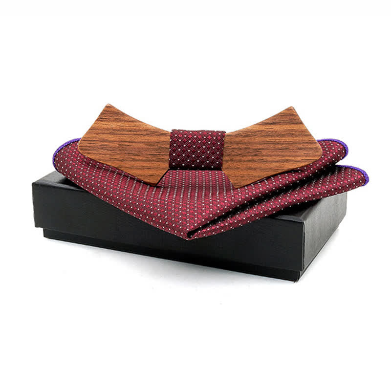 2Pcs Men's Collar-shaped Wooden Bow Tie Set - Burgundy Checks - image 6