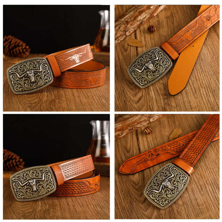 Men's Flower Square Bull Buckle Leather Belt - image 5
