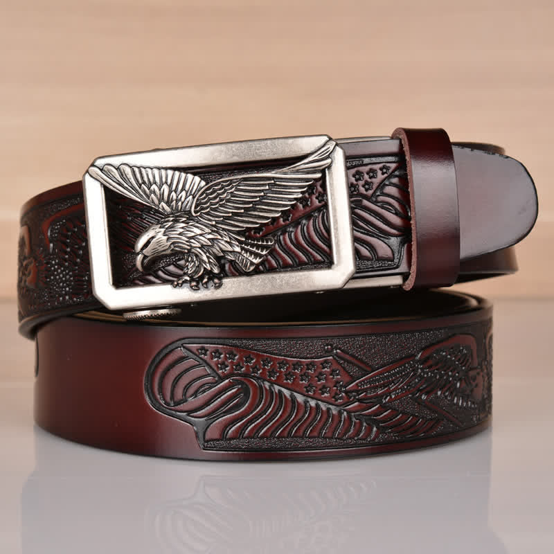 Men's Hollow Eagle Buckle Embossed Leather Belt - Silver & Coffee - 46 - image 26