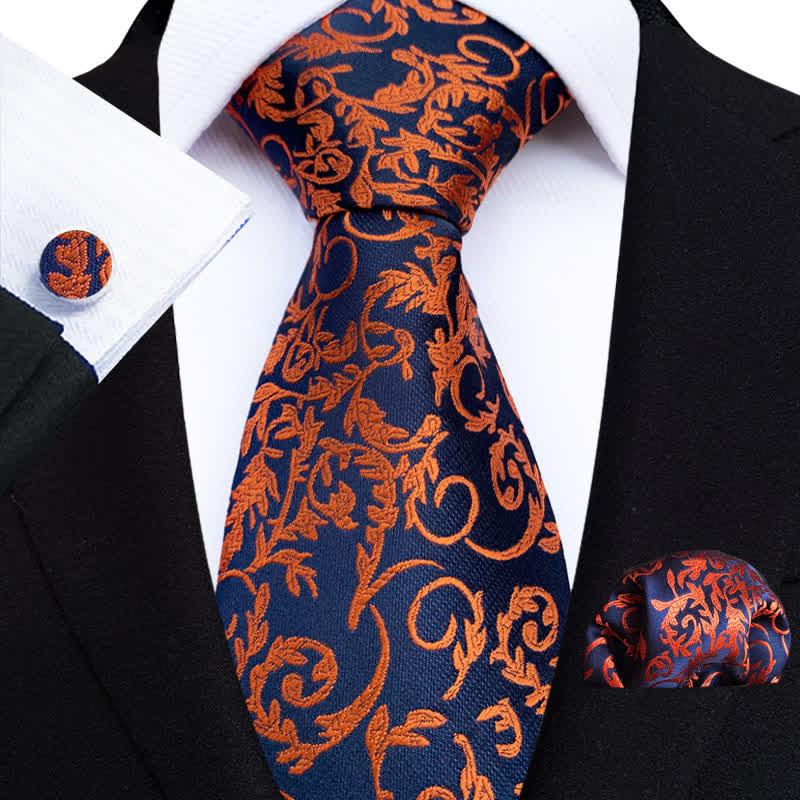 3Pcs Men's Orange Vine & Navy Necktie Set - Orange & Navy - image 0