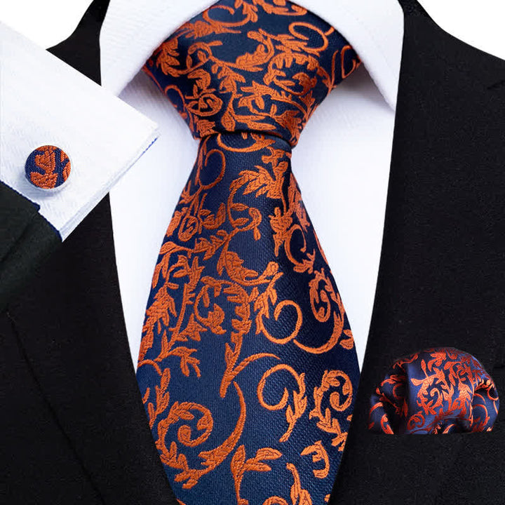 3Pcs Men's Orange Vine & Navy Necktie Set - Orange & Navy - image 0