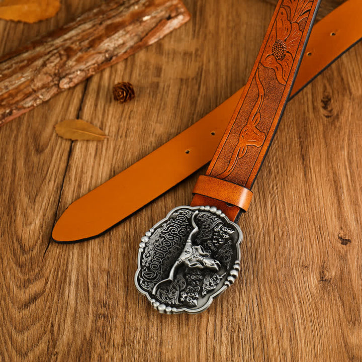 Men's Cowboy Gothic Skull Bull Leather Belt - image 3
